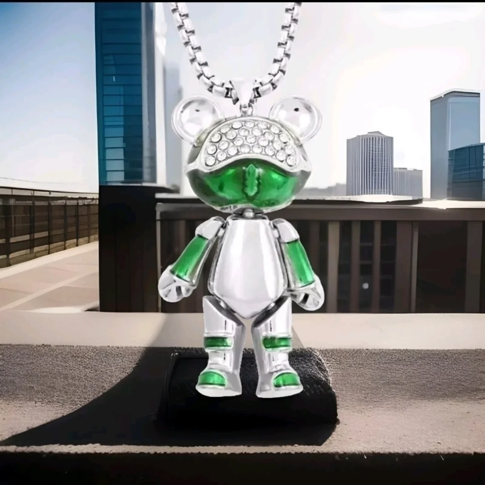 Green Enameled Astronaut Bear Stainless Steel Necklace